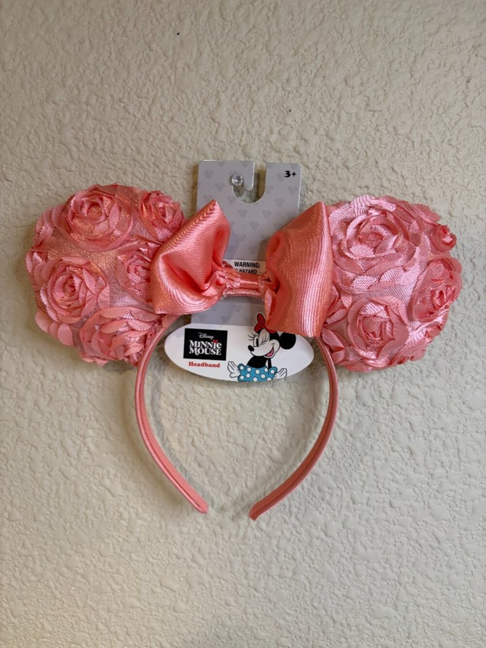 Disney Minnie Mouse Pink Rose Rosette Ears Headband Floral Bow NWT